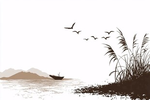 江舟飞鸟芦苇水墨图景