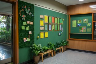 教室一角的绿植与展示墙