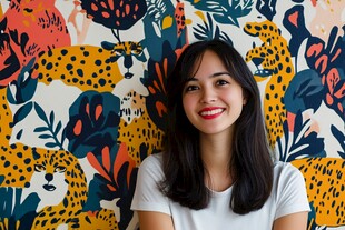 女子笑对多彩动物花纹背景