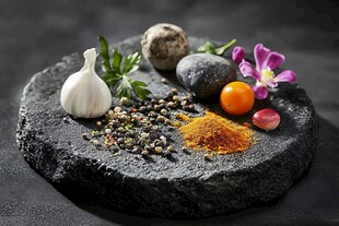 石板上的多彩香料与蔬果