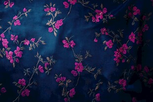深蓝底粉色花卉印花布料