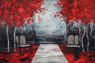 红林间的黑白椅梦幻景致