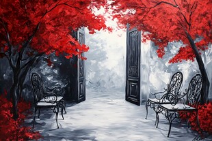 红枫下的梦幻门前景致