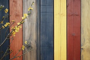 多彩木墙旁的黄色花枝