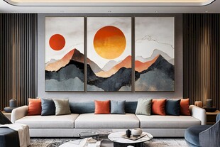 现代客厅三联山水装饰画