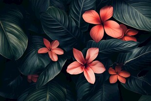 深红花朵与墨绿叶片景致