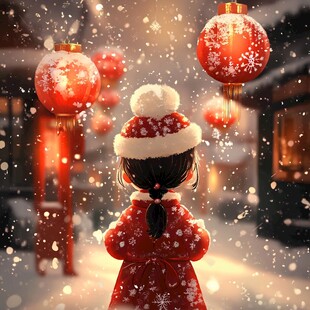 雪夜中赏红灯笼的红衣女孩