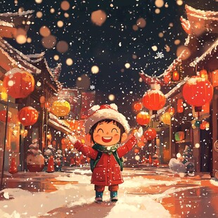 雪夜古街中欢笑的红衣孩童
