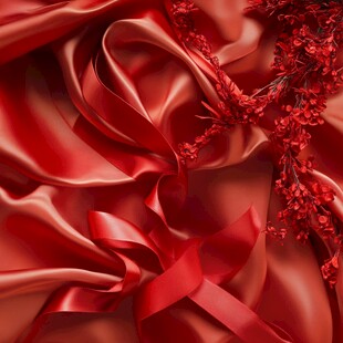 红色绸缎与花卉优雅组合
