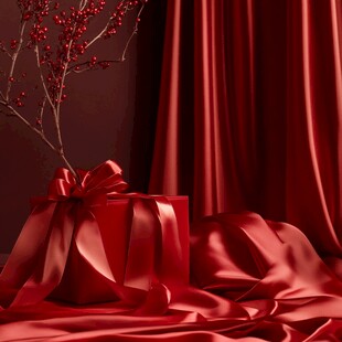 红绸下的精致礼品与花枝