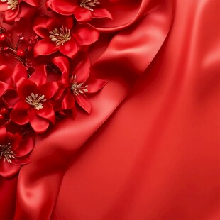 红绸上的娇艳花卉