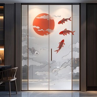 中式锦鲤玻璃门装饰画