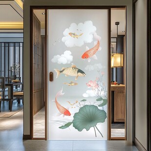 中式门绘 锦鲤荷花入画境