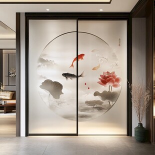 中式水墨风金鱼荷花移门