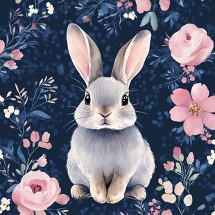 萌兔置身繁花背景中