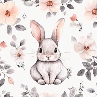 可爱小兔置身花卉图案中