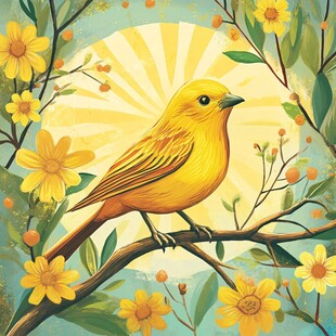 黄鸟栖枝 繁花相伴