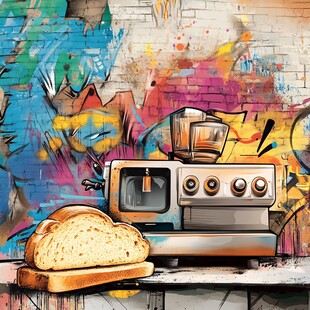 涂鸦墙下的面包与咖啡机