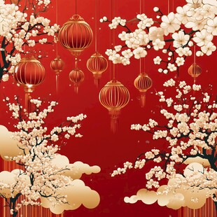 喜庆红梅灯笼中式背景图