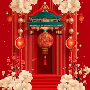 中式喜庆门楼迎新春景象