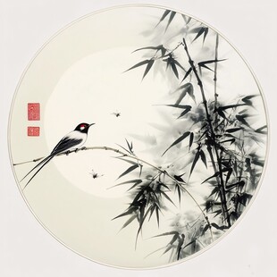 竹枝栖鸟水墨圆形画作