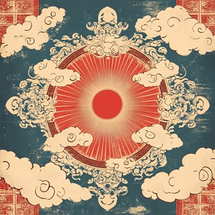 中式复古太阳祥云装饰图案