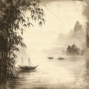 水墨江景中竹影与扁舟
