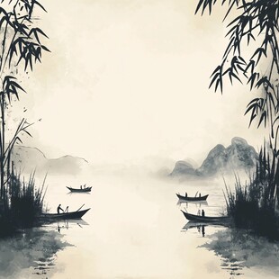 水墨江景中悠然的垂钓者