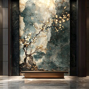 中式玄关 水墨梅花大理石背景