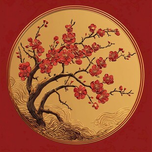 圆形红梅图 中式典雅之美