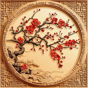 圆形浮雕红梅图