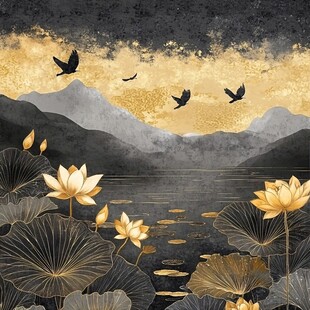 金荷飞鸟山水意境图