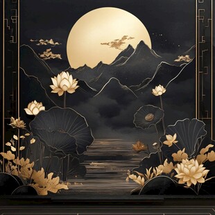 黑金中式山水月夜荷花图