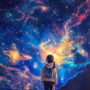 女孩凝望梦幻璀璨星空