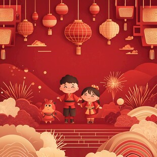 新春佳节孩童欢乐贺岁图