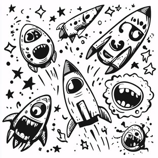 卡通风格的外星火箭与星星