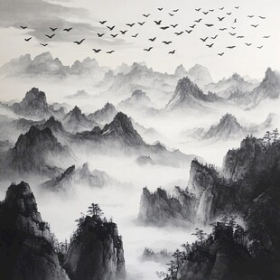 水墨群山飞鸟图