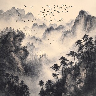 水墨山川飞鸟图