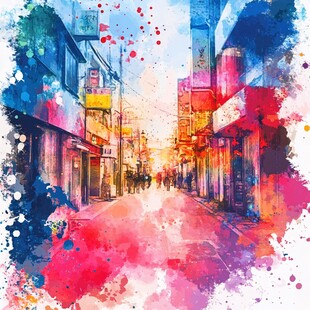 梦幻水彩绘就的城市街道