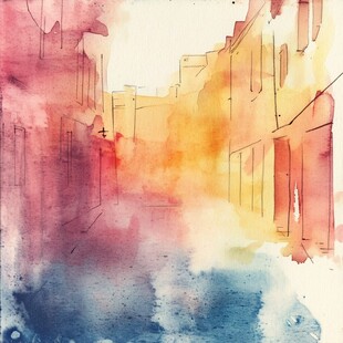 水彩绘就的梦幻街道景象