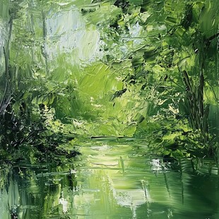 绿意盎然的森林溪流油画