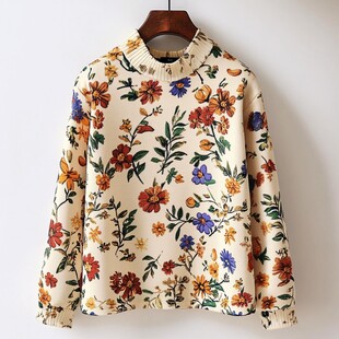花卉印花高领长袖上衣