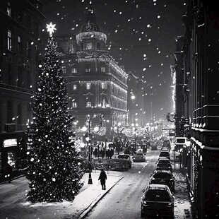 雪夜中的繁华圣诞街景