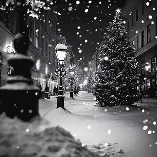 雪夜中的浪漫圣诞树街景
