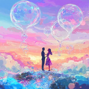 梦幻情侣在泡泡云海中共舞