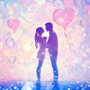浪漫情侣在梦幻气泡中相拥