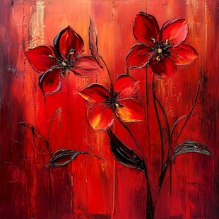 红色花卉油画艺术作品