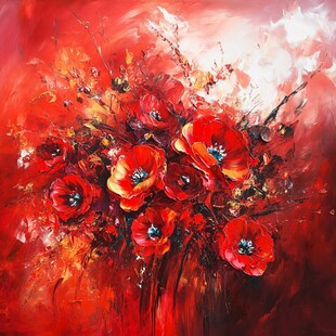 热烈绽放的红色花卉油画