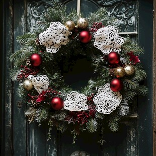 圣诞蕾丝花环挂于古朴门前