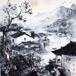 水墨江南村落山水画卷